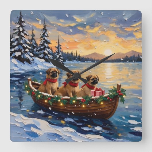 Pekingese Christmas Boat Holiday スクエア壁時計 (正面)
