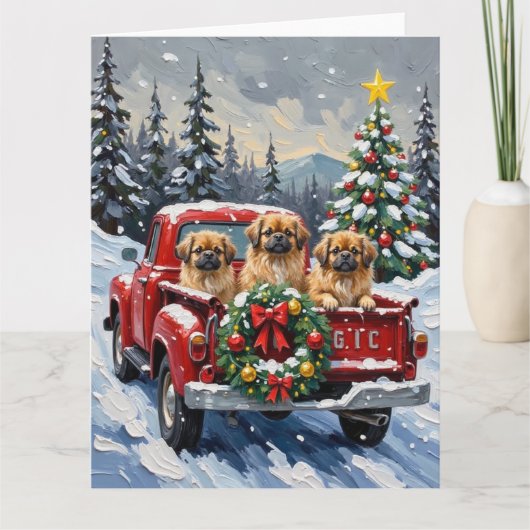 Pekingese Christmas Red Truck Holiday カード (正面)