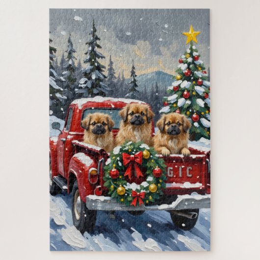 Pekingese Christmas Red Truck Holiday ジグソーパズル (縦)