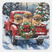 Pekingese Christmas Red Truck Holiday スクエアシール (正面)