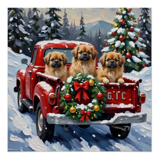 Pekingese Christmas Red Truck Holiday ポスター (正面)