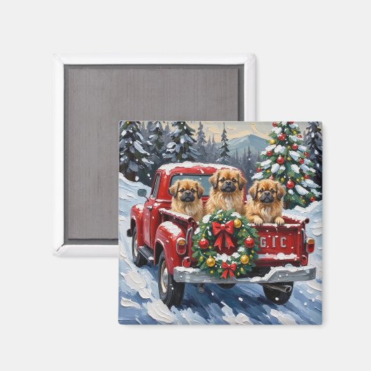 Pekingese Christmas Red Truck Holiday マグネット (正面/裏面)