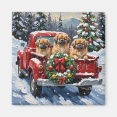Pekingese Christmas Red Truck Holiday マグネット (正面)