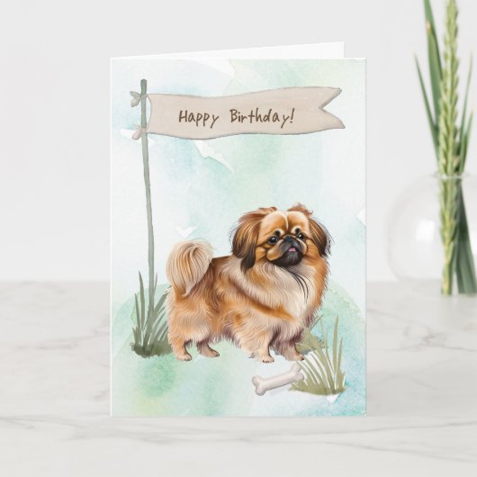 Pekingese Dog Breed Outdoors Under Birthday Sign カード (正面)
