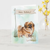 Pekingese Dog Breed Outdoors Under Birthday Sign カード (黄色い花)