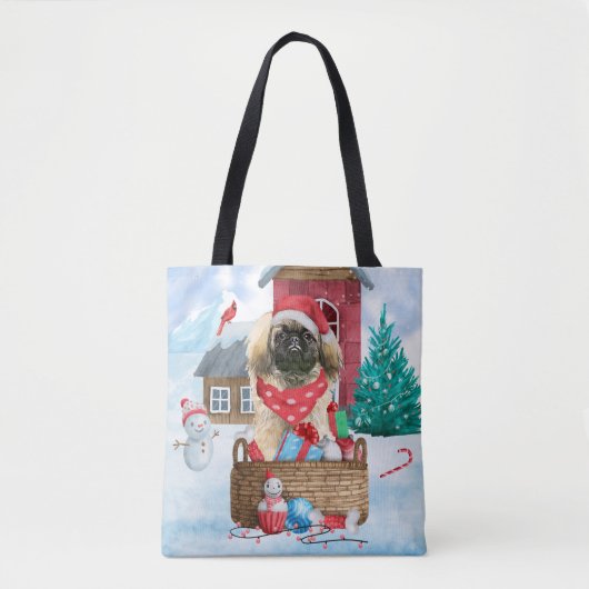 Pekingese Dog In snow Christmas Dog House トートバッグ (正面)