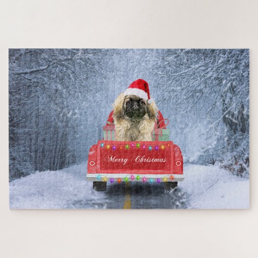Pekingese Dog in Snow sitting in Christmas Truck  ジグソーパズル (横)