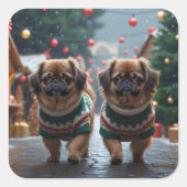 Pekingese Dogs Christmas Snow Holiday スクエアシール (正面)