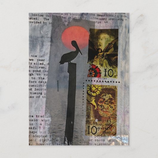 Pelican bird and two stamps mixed media collage ポストカード (正面)