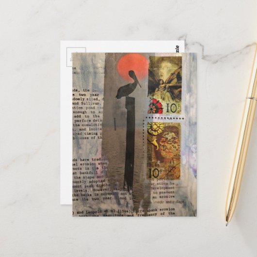 Pelican mixed media collage ポストカード (正面/裏面インサイチュ)