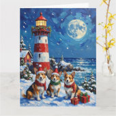 Pembroke Welsh Corgi Christmas Lighthouse Holiday カード (黄色い花)