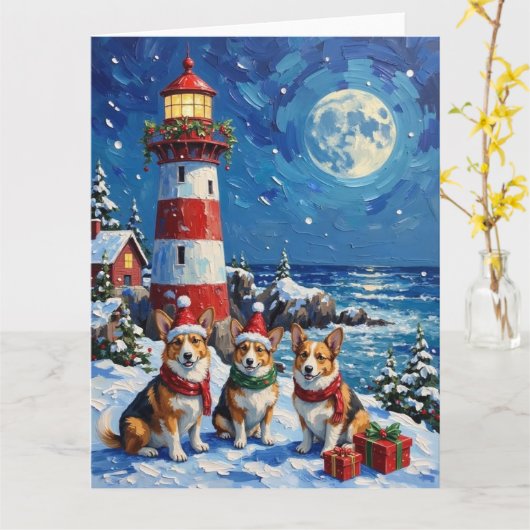 Pembroke Welsh Corgi Christmas Lighthouse Holiday カード (黄色い花)