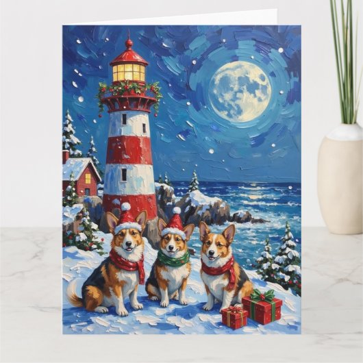 Pembroke Welsh Corgi Christmas Lighthouse Holiday カード (正面)