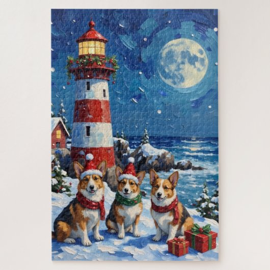 Pembroke Welsh Corgi Christmas Lighthouse Holiday ジグソーパズル (縦)