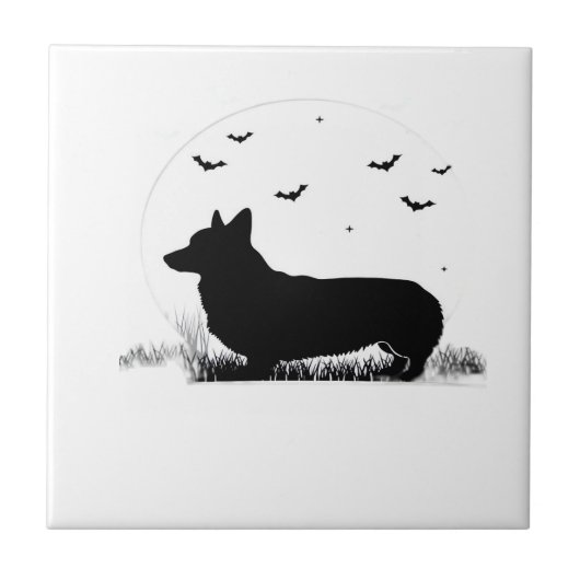 Pembroke Welsh Corgi Dog ? Halloween Moon Silhouet タイル (正面)