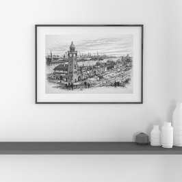 Pencil Cityscape Sketch Hamburg Harbor Landmark ポスター
