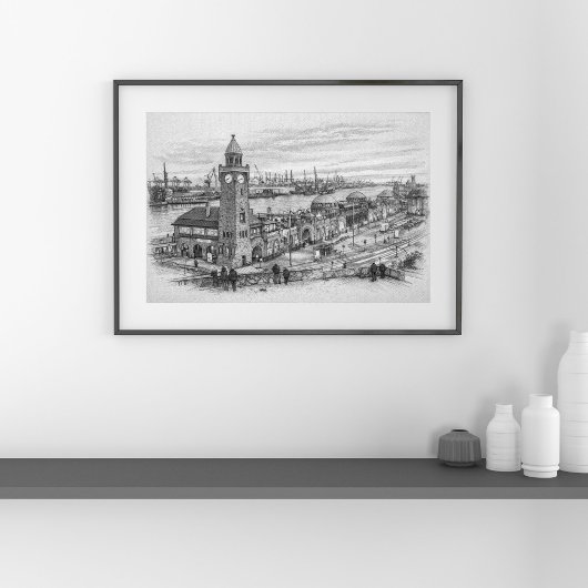 Pencil Cityscape Sketch Hamburg Harbor Landmark ポスター