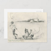 Pencil Sketch Antique Winter Farm Scene ポストカード (正面/裏面)