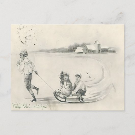 Pencil Sketch Antique Winter Farm Scene ポストカード (正面)