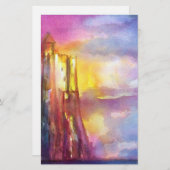 PENDRAGON中世の城、湖の夕日、ファンタジー 便箋 (正面/裏面)