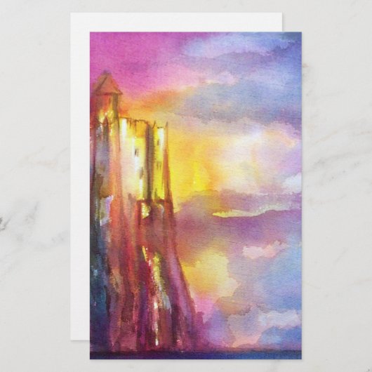 PENDRAGON中世の城、湖の夕日、ファンタジー 便箋 (正面/裏面)