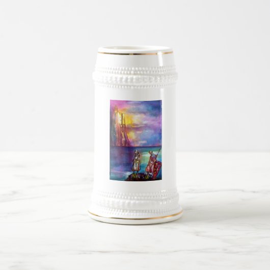 PENDRAGON中世の騎士、夕日の湖、ファンタジー ビールジョッキ (中央)
