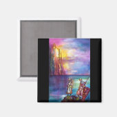 PENDRAGON中世の騎士、夕日の湖、ファンタジー マグネット (正面/裏面)