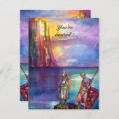 PENDRAGON中世の騎士、夕日の湖、ファンタジー 招待状 (正面/裏面)