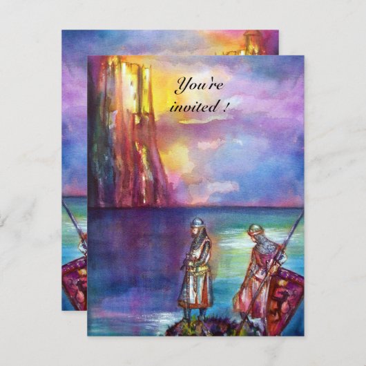 PENDRAGON中世の騎士、夕日の湖、ファンタジー 招待状 (正面/裏面)