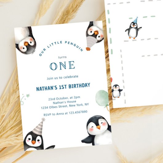 Penguin Animal Winter Onederland 1st birthday 招待状