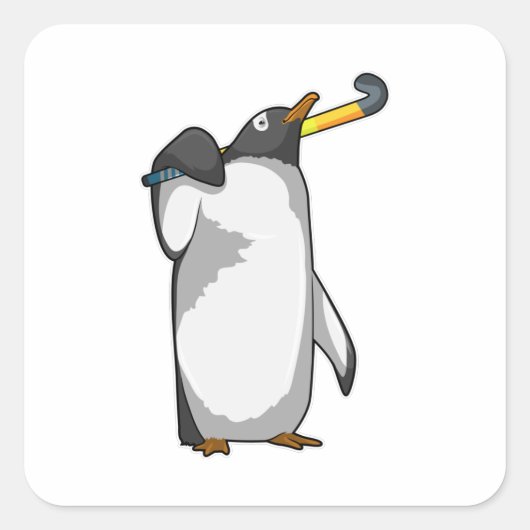 Penguin at Hockey with Hockey stick スクエアシール (正面)