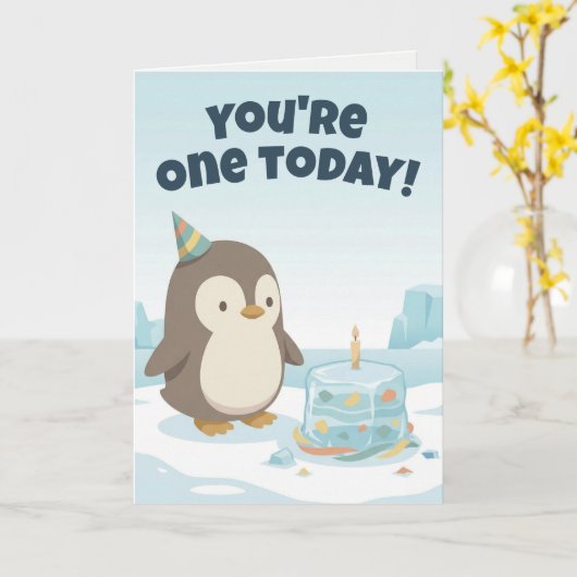 Penguin Birthday | Custom First Birthday カード (黄色い花)