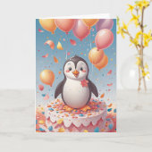 Penguin Birthday Party カード (黄色い花)