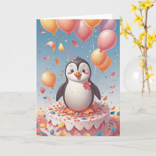 Penguin Birthday Party カード (黄色い花)