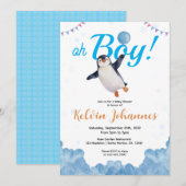 Penguin Boy Blue Baloon Cloud Sky Baby Shower 招待状 (正面/裏面)