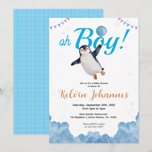 Penguin Boy Blue Baloon Cloud Sky Baby Shower 招待状 (正面/裏面)