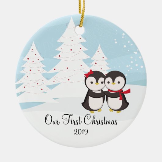 Penguin Couple Love Cute First Christmas Ornament セラミックオーナメント (正面)