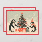 Penguin Family Decorating Christmas Tree ポストカード (正面/裏面)