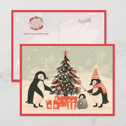 Penguin Family Decorating Christmas Tree ポストカード (正面/裏面)