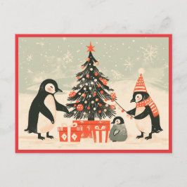Penguin Family Decorating Christmas Tree ポストカード
