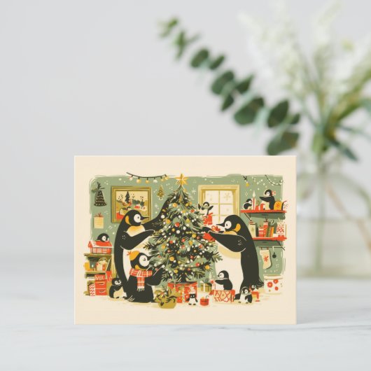 Penguin Family Decorating Christmas Tree Postcard シーズンポストカード (スタンド正面)