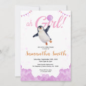 Penguin Girl Pink Baloon Cloud Sky Baby Shower  招待状 (正面)
