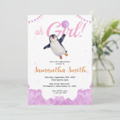 Penguin Girl Pink Baloon Cloud Sky Baby Shower  招待状 (スタンド正面)