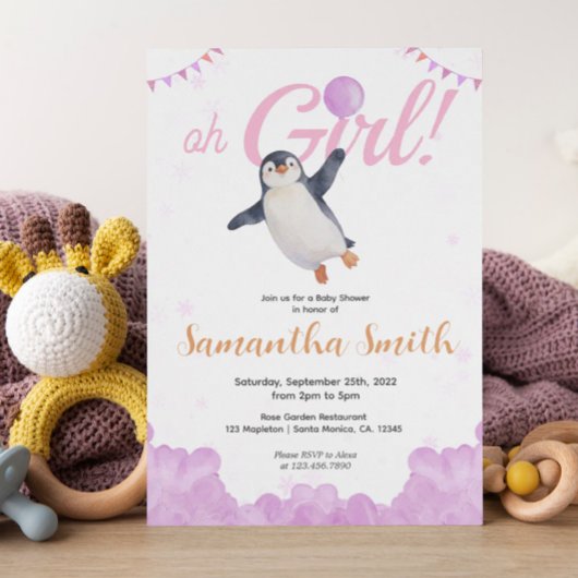 Penguin Girl Pink Baloon Cloud Sky Baby Shower  招待状