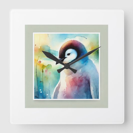 Penguin Harmony 051124AREF132 - Watercolor スクエア壁時計 (正面)