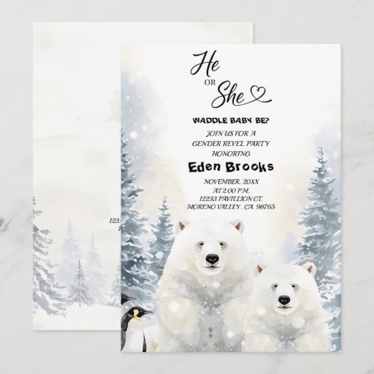 Penguin He or She Evergreen Winter Gender Reveal  招待状 (正面/裏面)