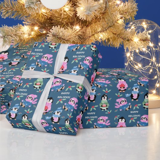 Penguin Holiday Crew Pattern Blue Wrapping Paper ラッピングペーパー (クリスマス)