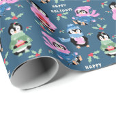 Penguin Holiday Crew Pattern Blue Wrapping Paper ラッピングペーパー (ロールコーナー)