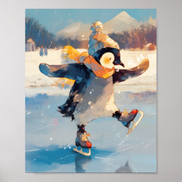 Penguin Ice Skating Winter Nursery Wall Art Poster ポスター