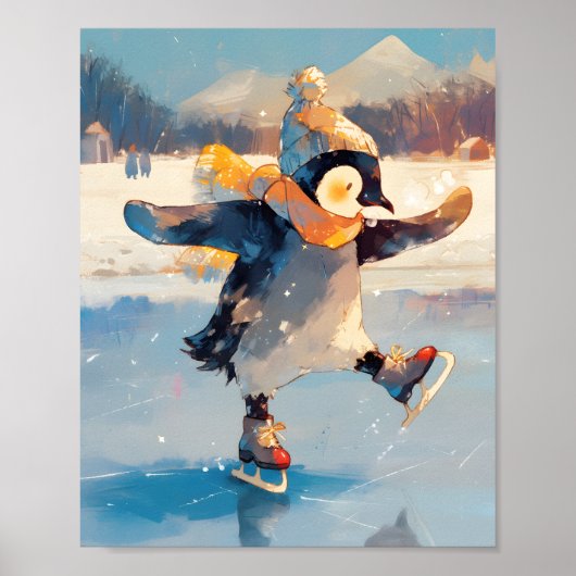 Penguin Ice Skating Winter Nursery Wall Art Poster ポスター (正面)